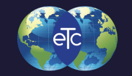 A blue globe with the letters etc in it.