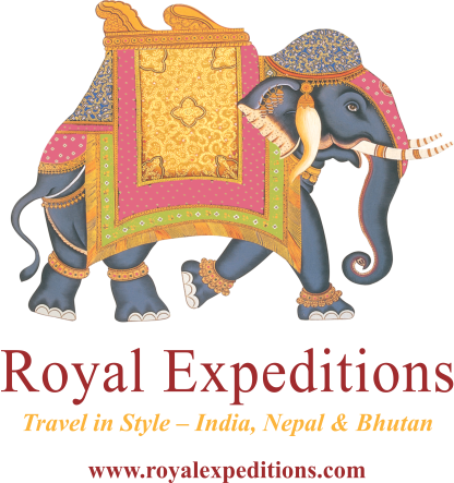 A picture of an elephant with the words royal expeditions on it.