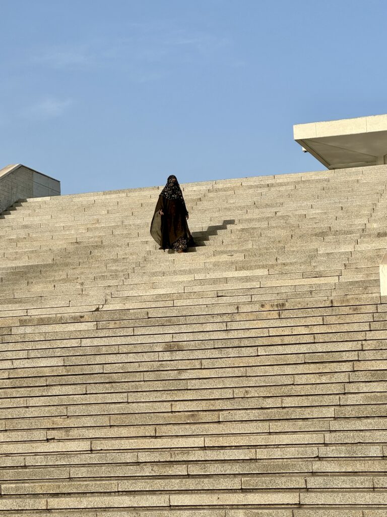 A person walking up the stairs of an outdoor building.