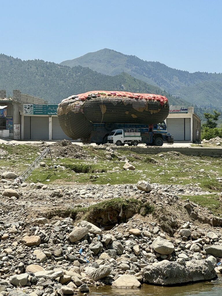 A truck is parked on the side of a road.