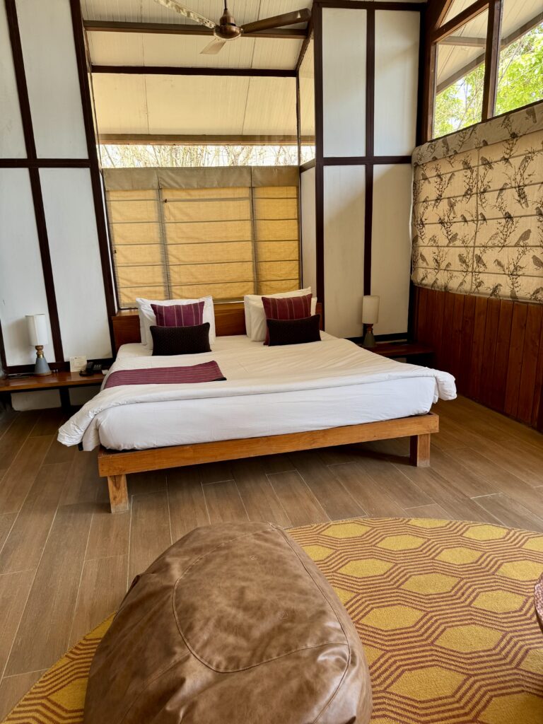 Modern bedroom with a wooden bed and cozy cushions.