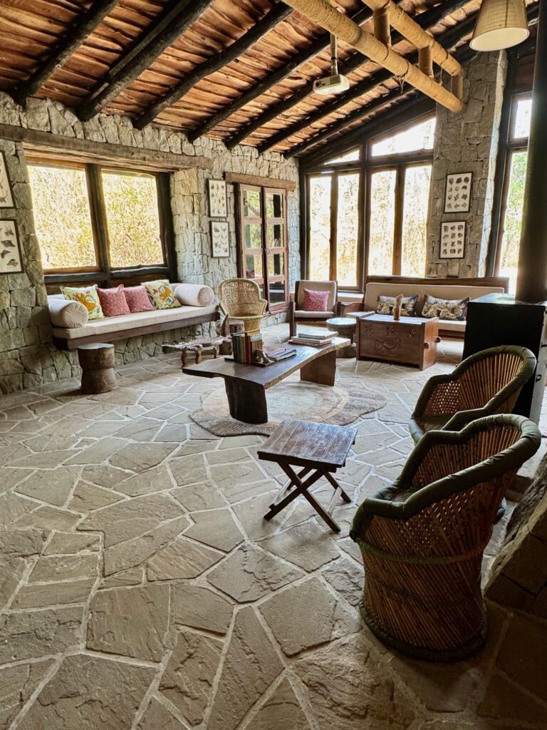 Cozy rustic living room with stone walls and large windows.