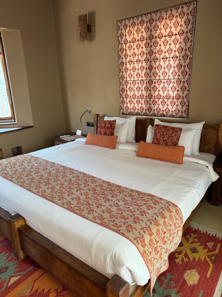Cozy bedroom with a neatly made bed and patterned cushions.